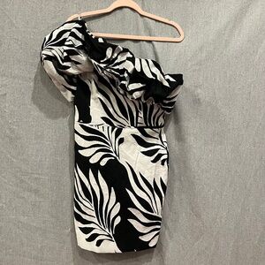 WHBM One-Shoulder Jacquard Palm Mini Dress Sz 4 Old Money Bodycon Party Ruched